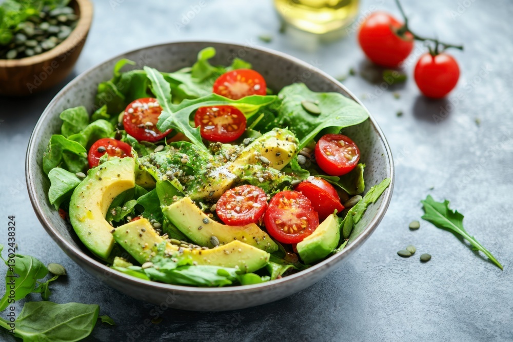 Fresh salad with avocado, cherry tomatoes, and mixed greens served on a rustic table Fresh salad with avocado, cherry tomatoes, and mixed greens served on a rustic table