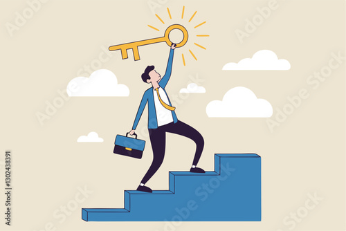Key to business success, stairway to find secret key or achieve career target concept, businessman winner walk up to top of stairway lifting golden success key to the sky.