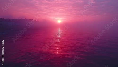 Sunrise reflecting over the water. Coastal mist