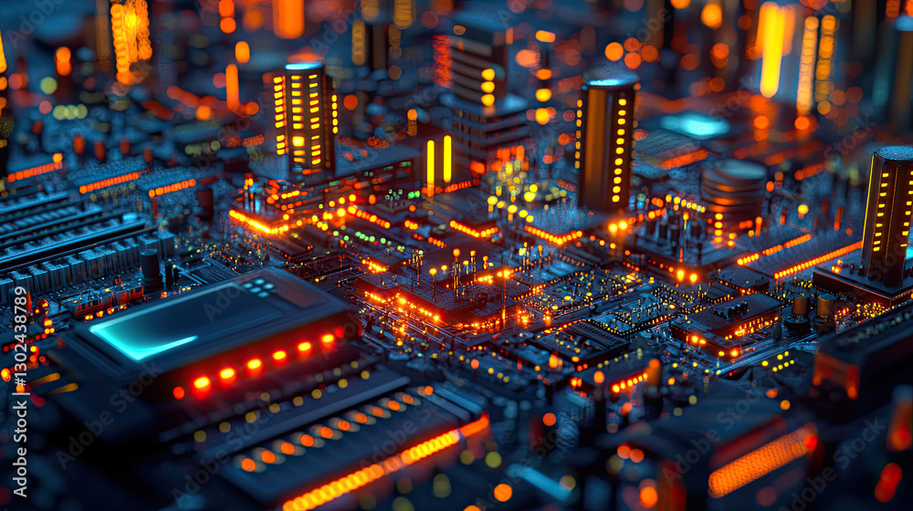 Futuristic Cityscape with Bright Lights and Complex Circuitry Design Futuristic Cityscape with Bright Lights and Complex Circuitry Design