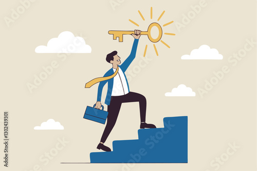 Key to business success, stairway to find secret key or achieve career target concept, businessman winner walk up to top of stairway lifting golden success key to the sky.