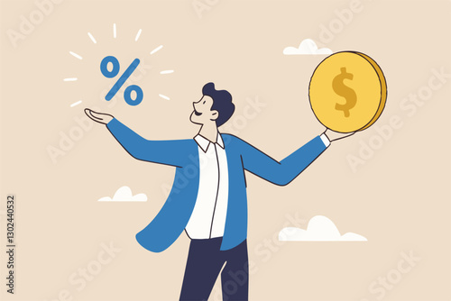 Lending, mortgage or loan interest rate, financial credit, economy growth or income tax calculation, debt or financial credit, investment concept, businessman holding dollar money coin and percentage.