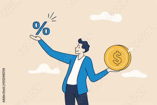 Lending, mortgage or loan interest rate, financial credit, economy growth or income tax calculation, debt or financial credit, investment concept, businessman holding dollar money coin and percentage.