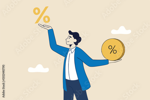Lending, mortgage or loan interest rate, financial credit, economy growth or income tax calculation, debt or financial credit, investment concept, businessman holding dollar money coin and percentage.