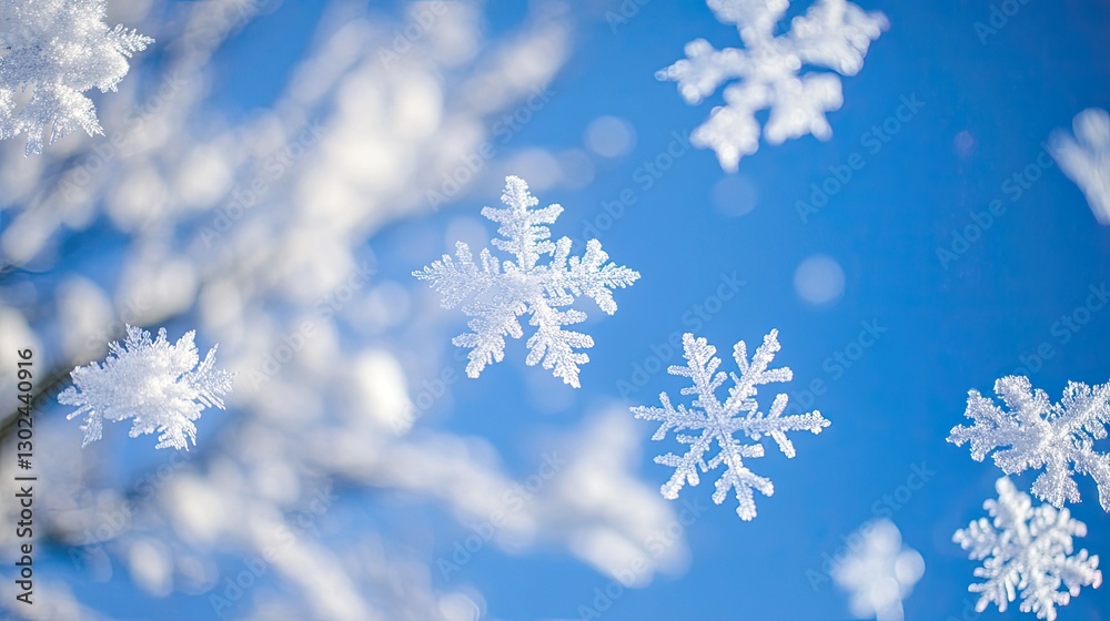 The delicate swirl of snowflakes drifting in the air against a cold, blue winter sky, creating a soft effect. The delicate swirl of snowflakes drifting in the air against a cold, blue winter sky, creating a soft effect.