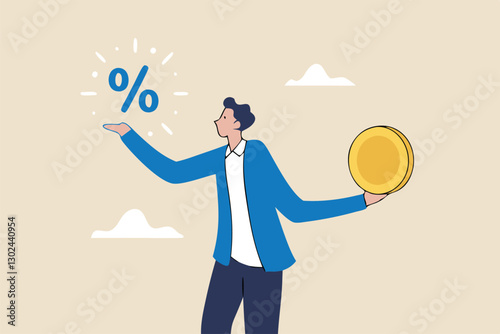 Lending, mortgage or loan interest rate, financial credit, economy growth or income tax calculation, debt or financial credit, investment concept, businessman holding dollar money coin and percentage.