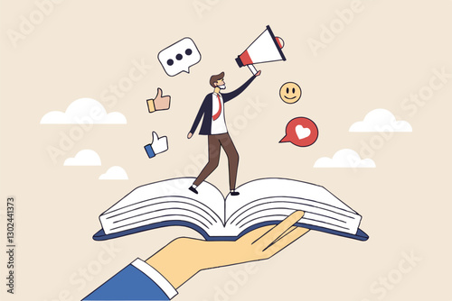Storytelling communicate brand story or idea to listener, narrative message, content or article writing or advertising creativity concept, young man on opening book telling story on megaphone