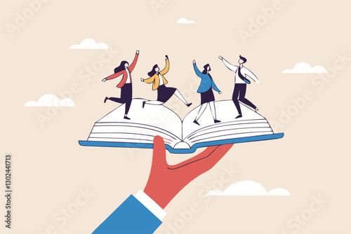 Storytelling communicate brand story or idea to listener, narrative message, content or article writing or advertising creativity concept, young man on opening book telling story on megaphone