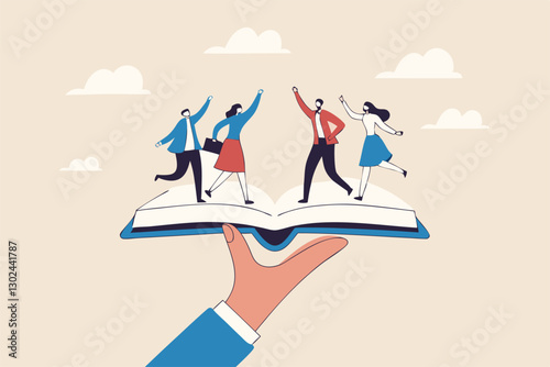 Storytelling communicate brand story or idea to listener, narrative message, content or article writing or advertising creativity concept, young man on opening book telling story on megaphone