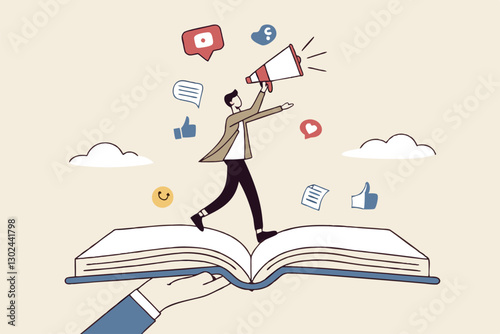 Storytelling communicate brand story or idea to listener, narrative message, content or article writing or advertising creativity concept, young man on opening book telling story on megaphone