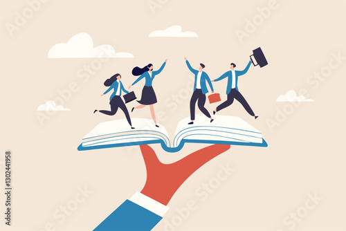 Employee handbook, manual for onboarding new staff, procedure or rule for welcome new hire to know company, business manual for success concept, businessman hand holding handbook with new employees.