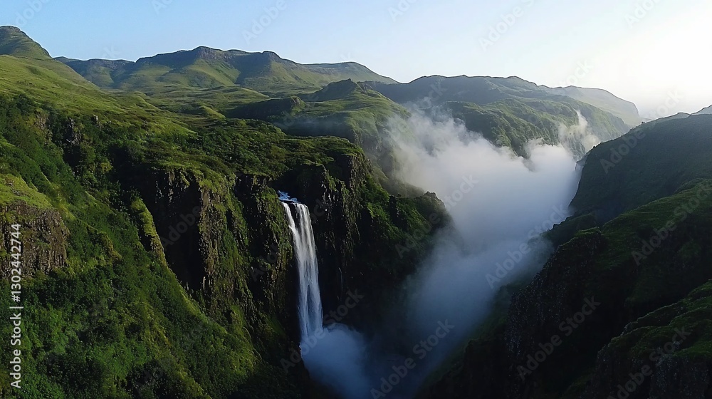 Fototapeta premium Majestic waterfall cascading down steep cliffs into a misty valley.