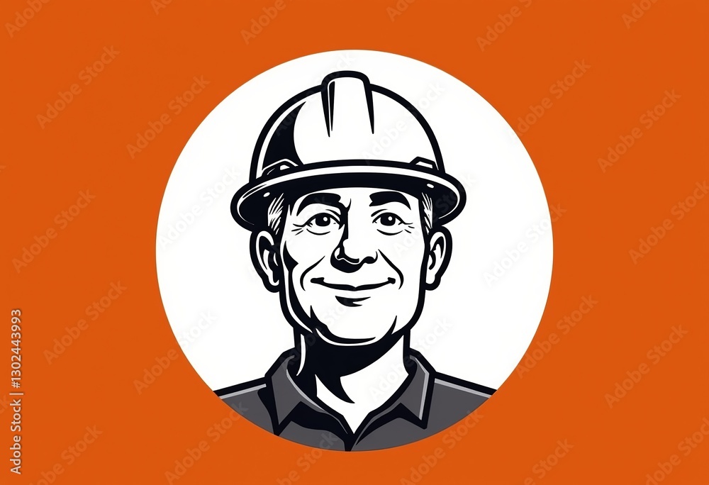 Orange Accented Safety Logo: Flat Design of a Middle-Aged Man in a Safety Helmet, Featuring Clean Line Art, UI/UX Appeal, Minimalist Style, Centered Composition, Perfect for Apps, Pinterest, and Dribb Orange Accented Safety Logo: Flat Design of a Middle-Aged Man in a Safety Helmet, Featuring Clean Line Art, UI/UX Appeal, Minimalist Style, Centered Composition, Perfect for Apps, Pinterest, and Dribb