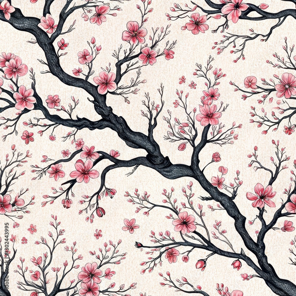 Fototapeta premium Seamless Cherry Blossom Patterns Textile Design Art Studio Elegant Vibrant Colors Aesthetic Appeal