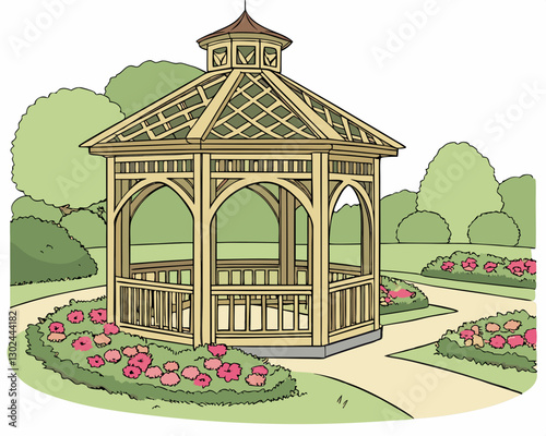 A decorative gazebo surrounded by flower beds