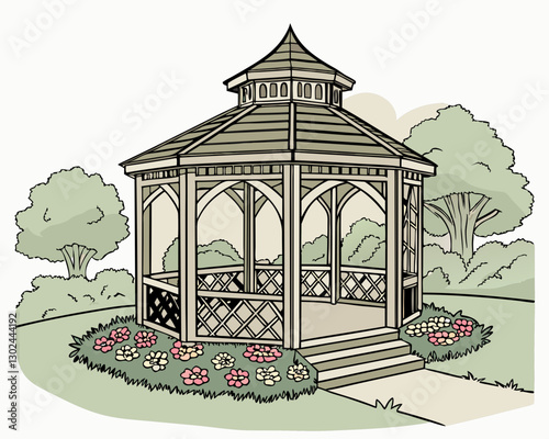 A decorative gazebo surrounded by flower beds