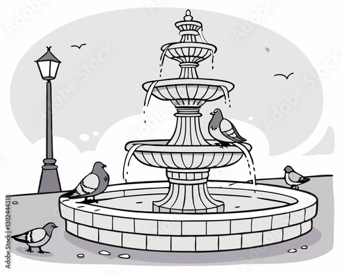 A beautiful water fountain with pigeons perched around it