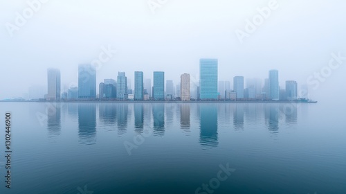 Foggy city skyline reflecting on calm water.