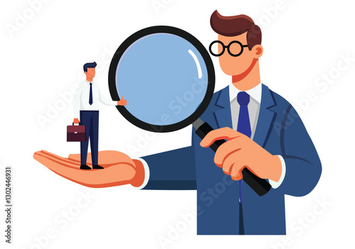 Flat illustration of human resources manager considering employee selection. Empty background.