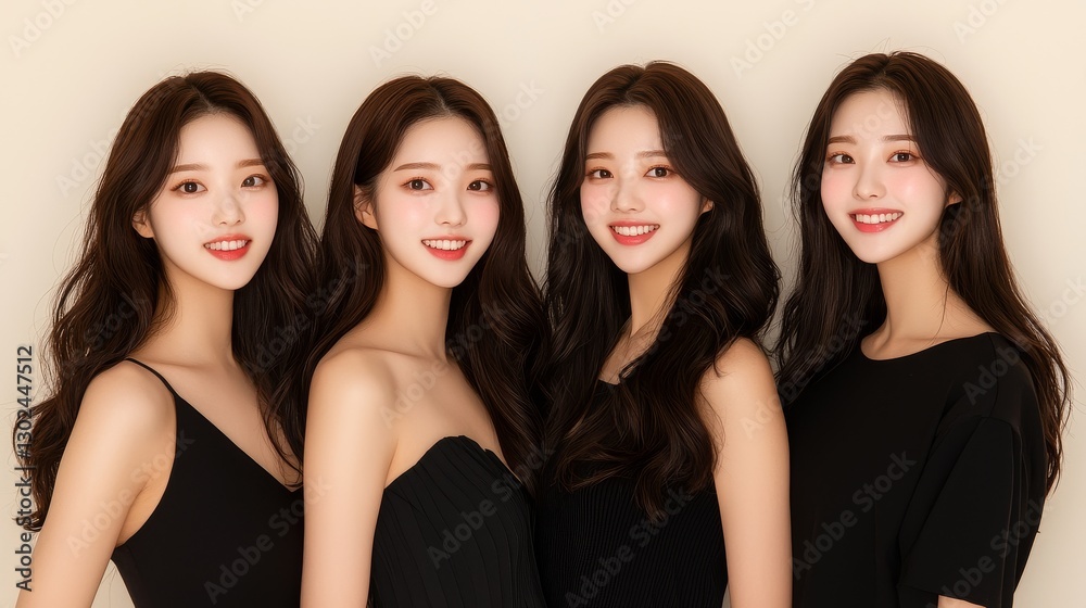 Group of four smiling women with long hair. Group of four smiling women with long hair.
