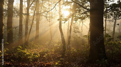  Mystical forest atmosphere with morning fog and delicate spiderwebs
