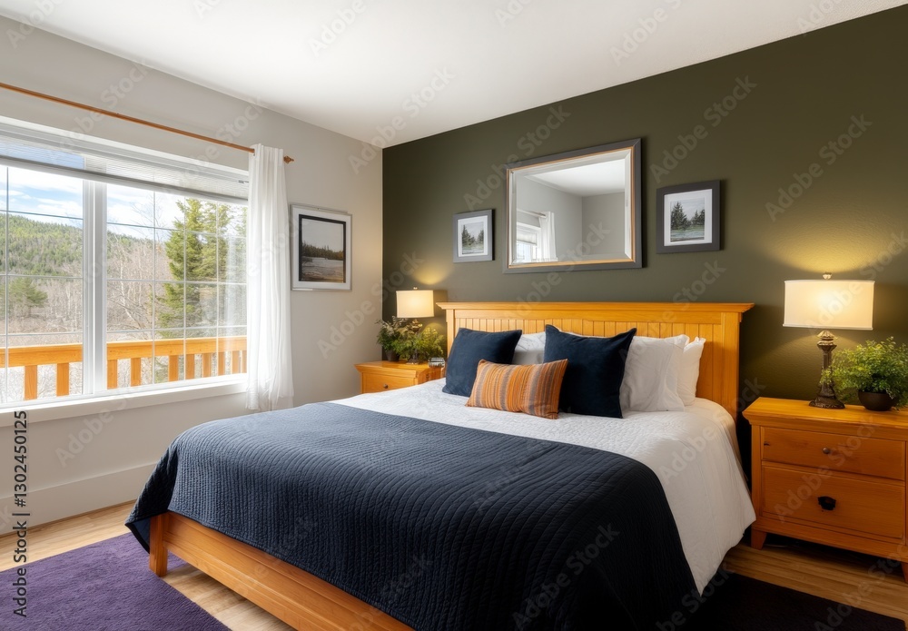 Fototapeta premium Cozy contemporary bedroom with stylish wooden furniture, natural light, and calming green accent wall