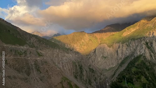 Beautiful Himalayan mountain landscape view of Baltal on Zoji La Pass with Sindh River in the Srinagar-Leh road in Jammu and Kashmir, India.