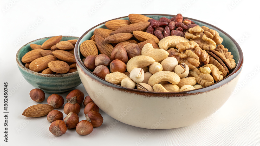 A bowl filled with a mix of various nuts. A bowl filled with a mix of various nuts.