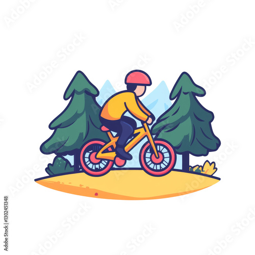 cyclist rides yellow bike along trail surrounded by trees and mountains, enjoying outdoors
