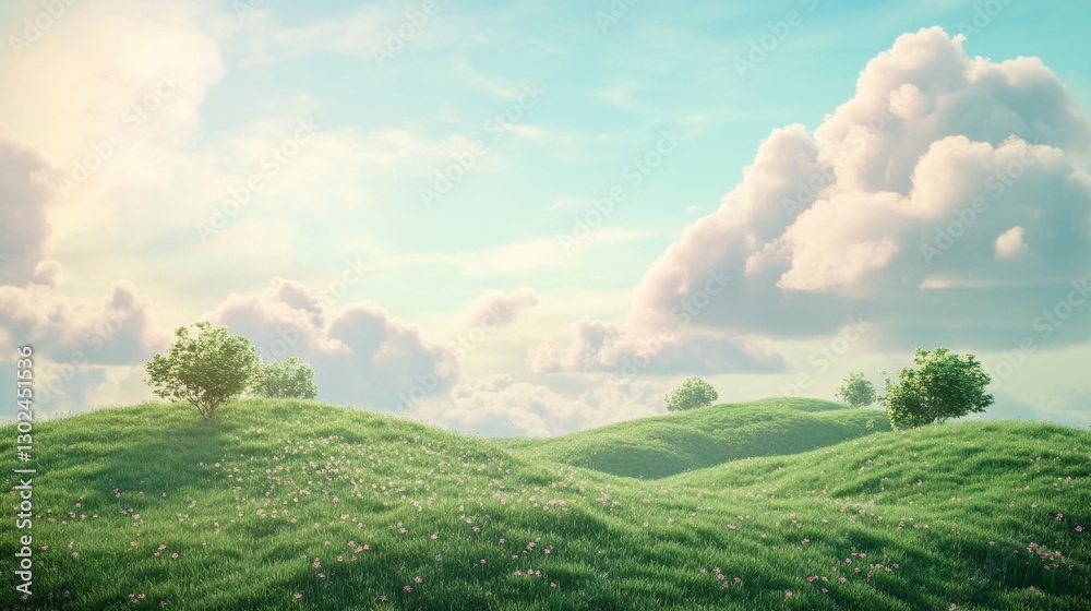 Obraz premium illustration of Summer fields landscape with a dawn,Rainbow, green grass hills, bright color blue sky, country background,banner resting vacation.