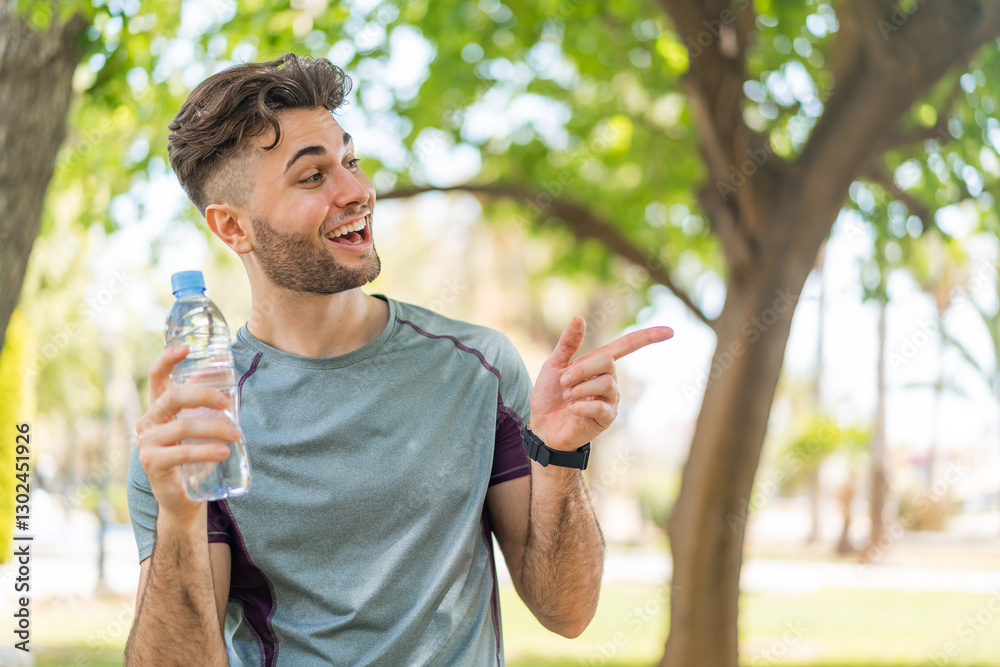 Fototapeta premium Young handsome sport man with a bottle of water at outdoors pointing to the side to present a product