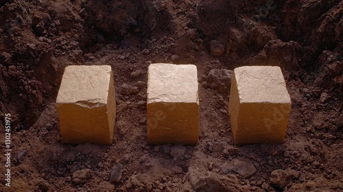 Three gold bars in a dirt pit.