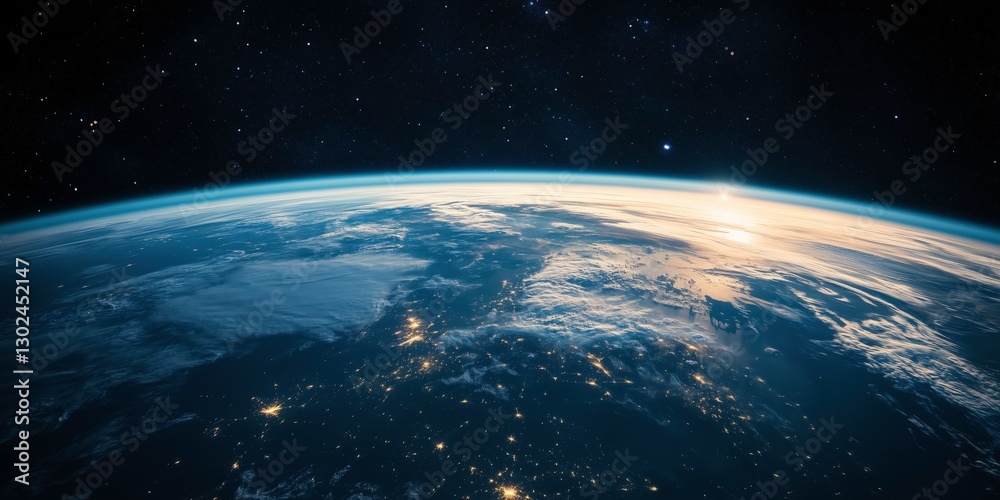 Obraz premium Earth from Space: The stunning view of earth from outer space reveals a breathtaking panorama of continents, oceans, and atmosphere, as the sun's light illuminates the horizon.