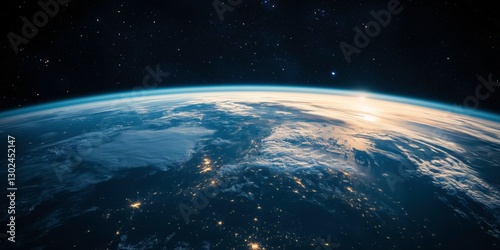Fototapeta Naklejka Na Ścianę i Meble -  Earth from Space: The stunning view of earth from outer space reveals a breathtaking panorama of continents, oceans, and atmosphere, as the sun's light illuminates the horizon.