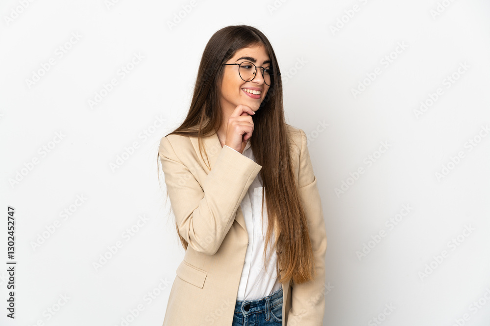 Young caucasian woman isolated on white background looking to the side and smiling Young caucasian woman isolated on white background looking to the side and smiling