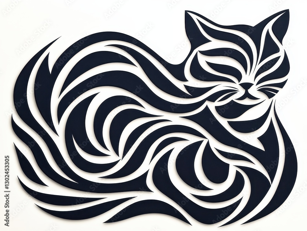 Abstract black and white cat design with flowing lines and patterns on a wall Abstract black and white cat design with flowing lines and patterns on a wall