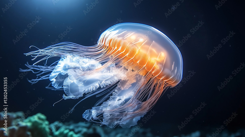 Naklejka premium A stunning bioluminescent jellyfish dances in the depths of the ocean, hovering above colorful coral reefs, embodying the beauty and mystery of underwater life