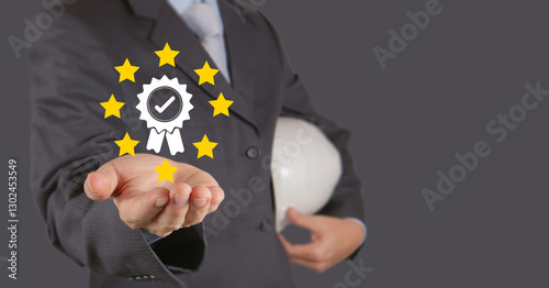 business hand showing ideas warranty, international standard, ISO quality certification and quality guarantee mark,Excellent accreditation in the industry,Certified product symbol