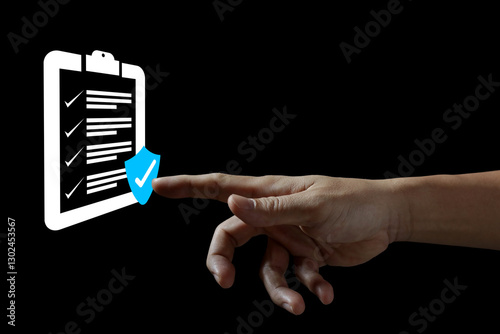 Businessman checking steps through document with a list of checkboxes ,regulation ,practices and policies ,Examination of ethical rules ,Evaluate quality and efficiency,Terms and conditions ,