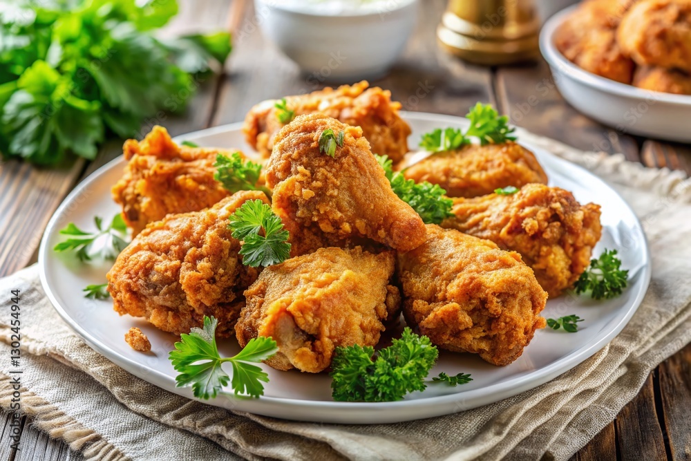 Crispy Fried Chicken Family Meal: Delicious Golden Brown Chicken on White Plate, Perfect for Festive Gatherings Crispy Fried Chicken Family Meal: Delicious Golden Brown Chicken on White Plate, Perfect for Festive Gatherings