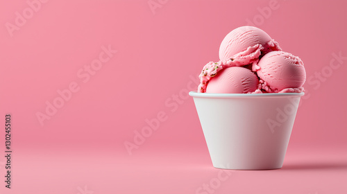 white bowl of smooth, creamy gelato in flavors like strawberry, ice cream balls, pink background with copy space