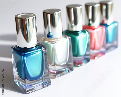 A row of vibrant nail polish bottles in various colors, showcasing shiny finishes and sleek, modern packaging.