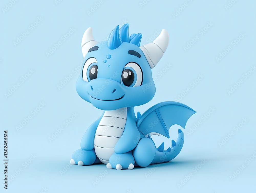 Cute blue cartoon dragon character sitting on a soft blue background Cute blue cartoon dragon character sitting on a soft blue background