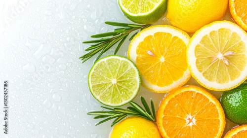 Fresh Citrus Slices with Rosemary on Water Droplets Background