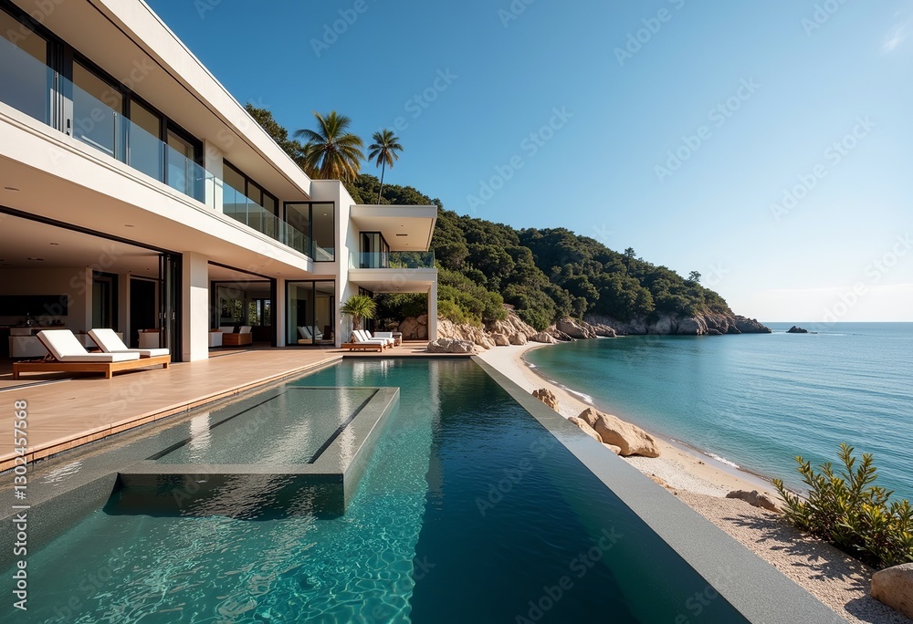 Fototapeta premium Minimalist Beachfront Luxury: Lavish Home with Panoramic Views, Modern Architecture, Elegant Interior Design, Coastal Living, and Serene Oceanfront Setting.