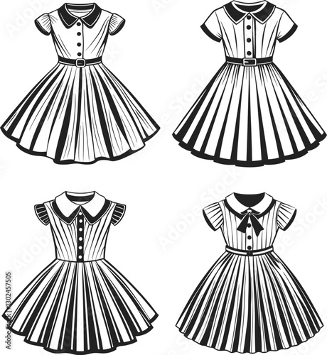 girl peter pan collar, piping tie detail dress flat sketch , fashion vector