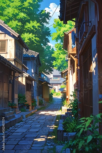 Village with mountains Anime style background
