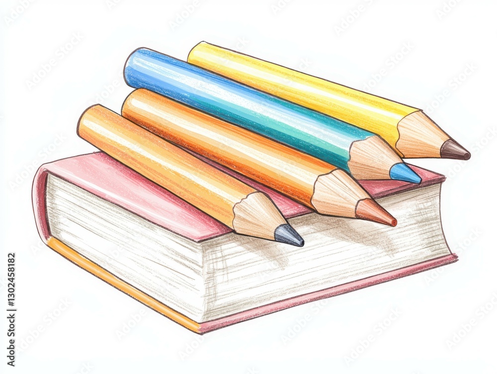 Colorful Drawing Pencils Resting on an Open Book for Art and Education Concepts, Isolated on white background Colorful Drawing Pencils Resting on an Open Book for Art and Education Concepts, Isolated on white background