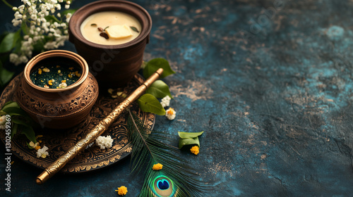A Krishna Janmashtami flatlay with a tiny flute, peacock feathers, and fresh butter in a traditional clay pot, elegantly placed on an antique gold tray.