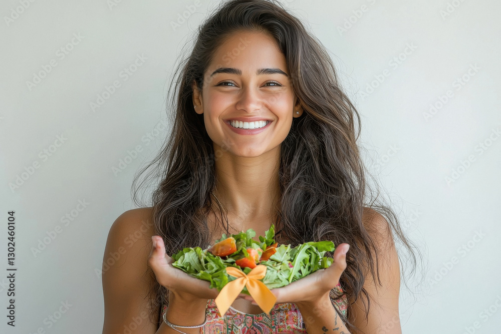 a smiling Indian fitness model woman holding a salad bow in both hands a smiling Indian fitness model woman holding a salad bow in both hands